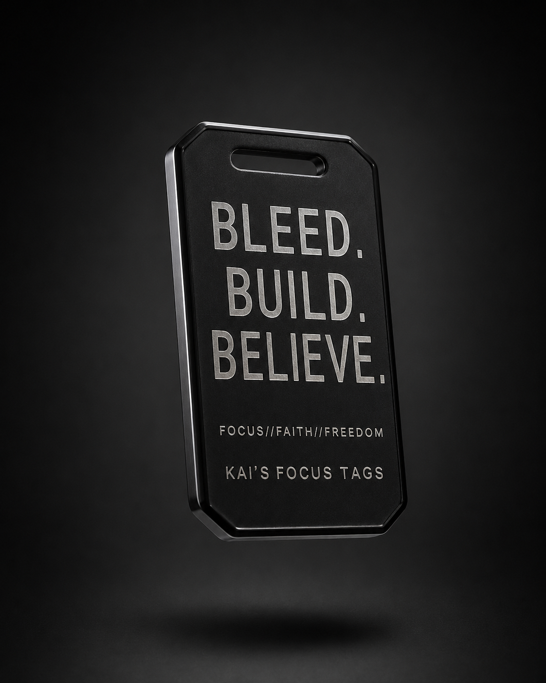 Kai's Focus Tag — black stainless steel keepsake engraved with Bleed Build Believe
